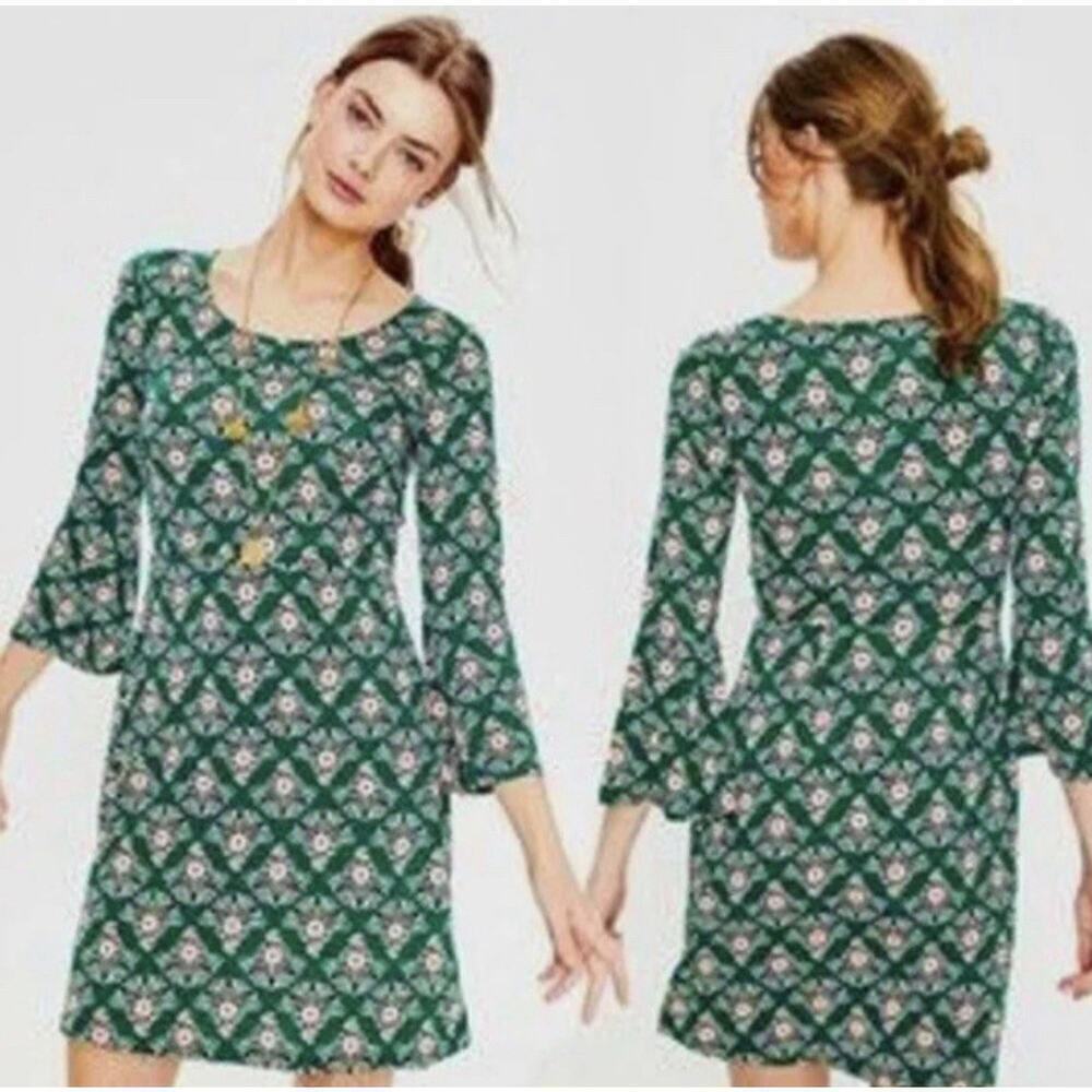 BODEN Green Pink floral Miriam Long Sleeve Jersey Scoop Neck Sheath Dress Sz 6